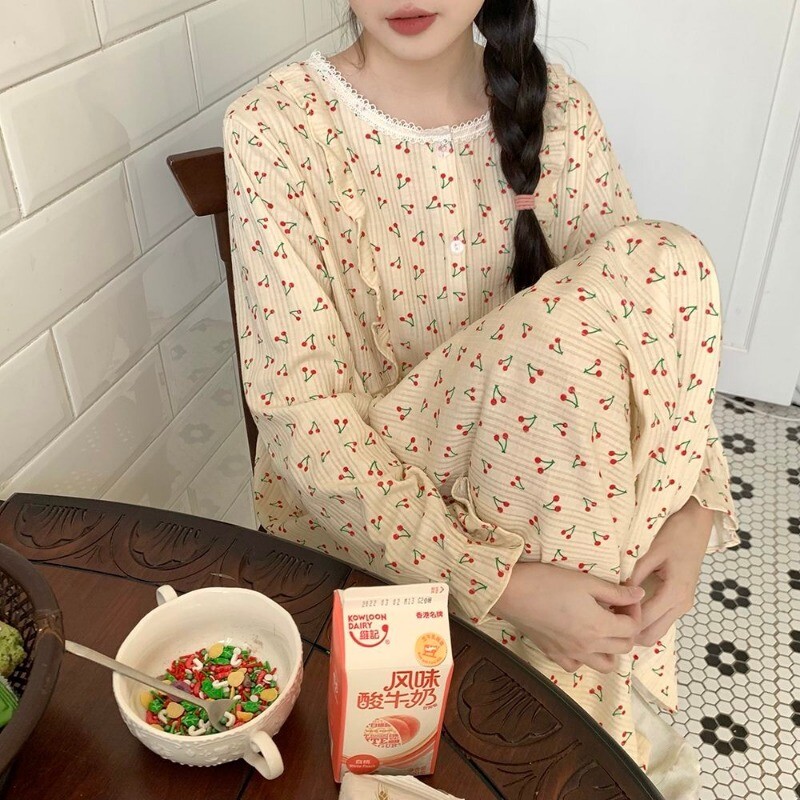 Cherry Print Moteriški naktiniai marškiniai, nėriniai, miegui, O formos kaklo naktiniai drabužiai Korėjietiška madinga naktinė suknelė ilgomis rankovėmis rudens vientisa pižama Nauja