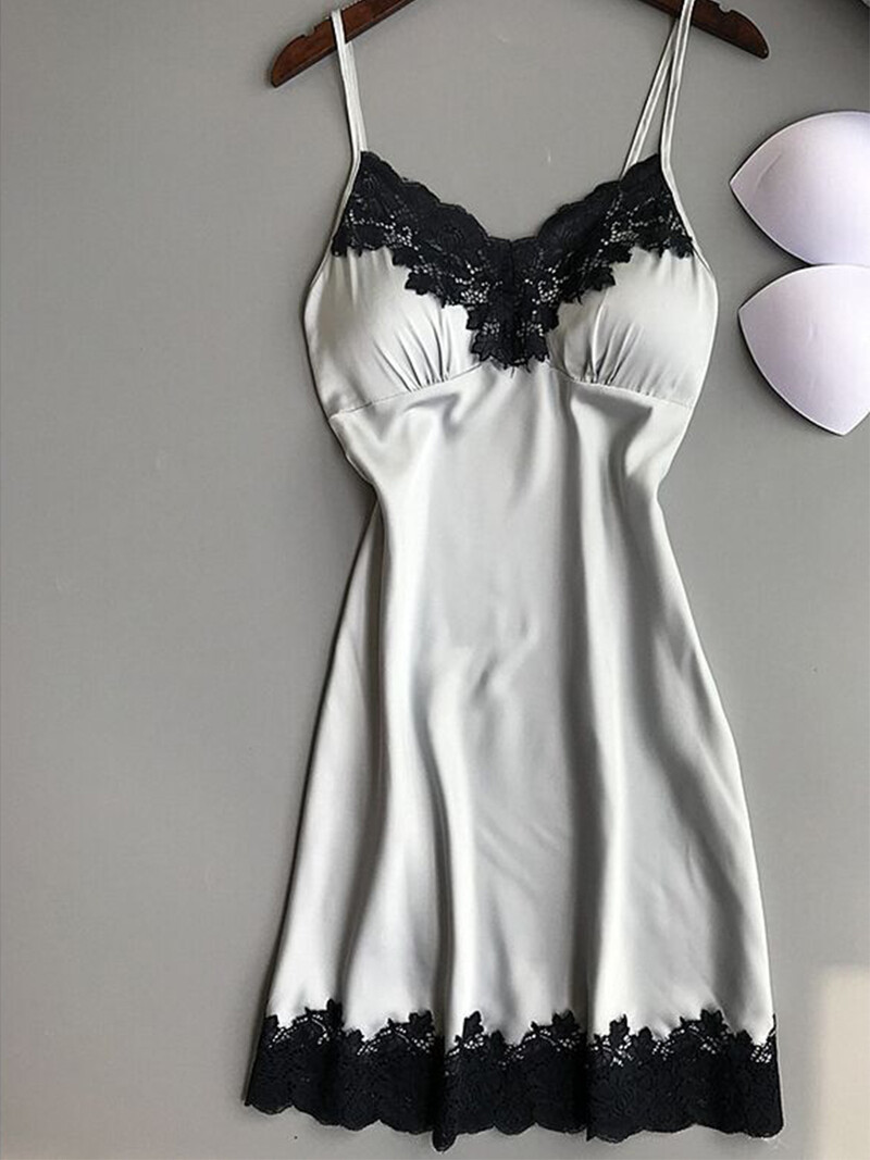 Vienos dalies pižamos naktiniai marškiniai su apynasriu, ploni su liemenėlės įklotais nėriniuoto krašto šilko poilsio drabužiai Daugiaspalviai lediniai šilko baldai naktinukai