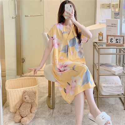 Vasariniai naktiniai marškiniai Moteriški medvilniniai miegui suknelės trumpomis rankovėmis Suknelės naktiniai drabužiai Naminiai drabužiai Laisva korėjietiška madinga suknelė Nauja