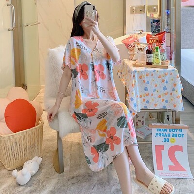 Vasariniai naktiniai marškiniai Moteriški medvilniniai miegui suknelės trumpomis rankovėmis Suknelės naktiniai drabužiai Naminiai drabužiai Laisva korėjietiška madinga suknelė Nauja