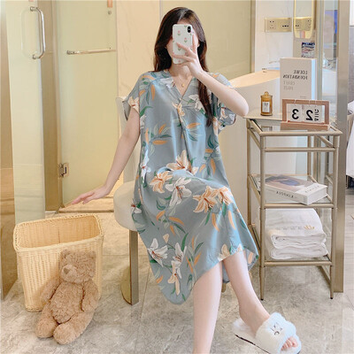 Vasariniai naktiniai marškiniai Moteriški medvilniniai miegui suknelės trumpomis rankovėmis Suknelės naktiniai drabužiai Naminiai drabužiai Laisva korėjietiška madinga suknelė Nauja