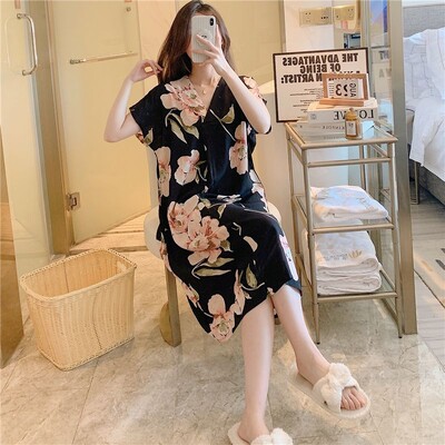 Vasariniai naktiniai marškiniai Moteriški medvilniniai miegui suknelės trumpomis rankovėmis Suknelės naktiniai drabužiai Naminiai drabužiai Laisva korėjietiška madinga suknelė Nauja