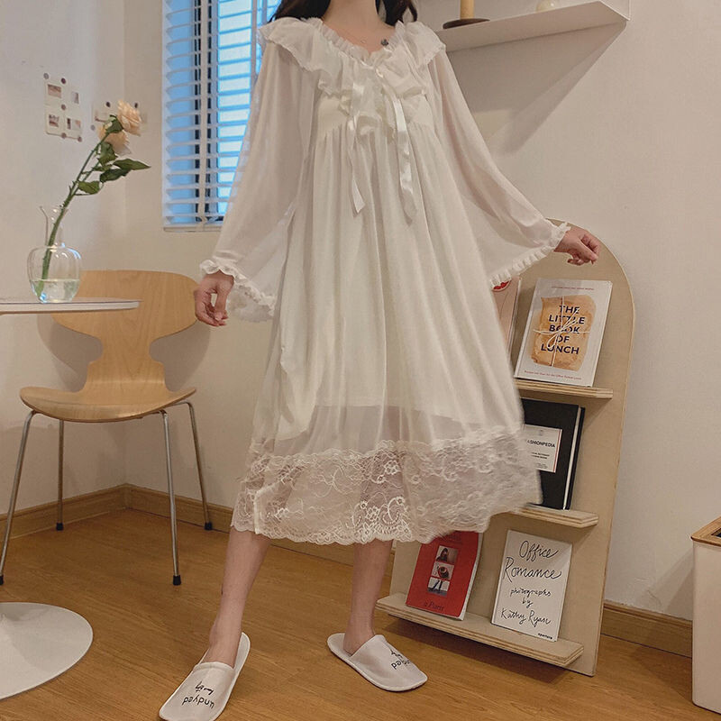 Moteriška suknelė Naktiniai marškiniai ilgomis rankovėmis rudens miegui Seksualūs nėriniai Princesės naktiniai drabužiai Suknelė Naktiniai marškinėliai Vintažiniai rūmų naktiniai marškiniai