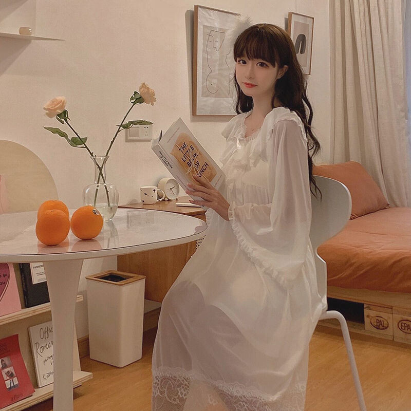 Moteriška suknelė Naktiniai marškiniai ilgomis rankovėmis rudens miegui Seksualūs nėriniai Princesės naktiniai drabužiai Suknelė Naktiniai marškinėliai Vintažiniai rūmų naktiniai marškiniai