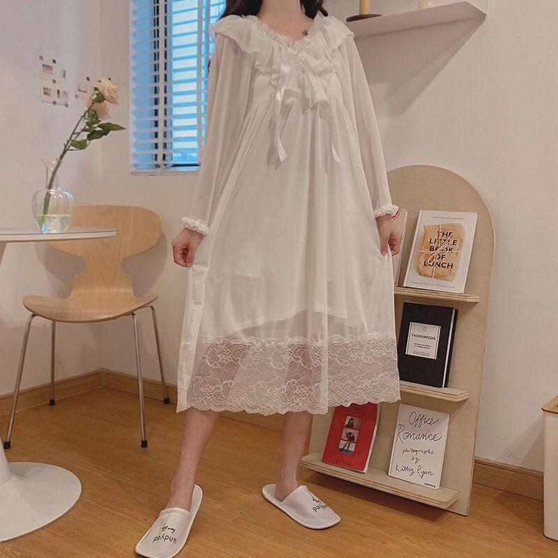 Moteriška suknelė Naktiniai marškiniai ilgomis rankovėmis rudens miegui Seksualūs nėriniai Princesės naktiniai drabužiai Suknelė Naktiniai marškinėliai Vintažiniai rūmų naktiniai marškiniai