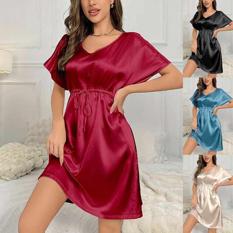 Sexi Sleepdress Naiste Öösärgid V-kaelusega pooljagatud magamissärk Lühikeste varrukatega Magamisriided Rinnatasku Nuisette Sexy De Nuit