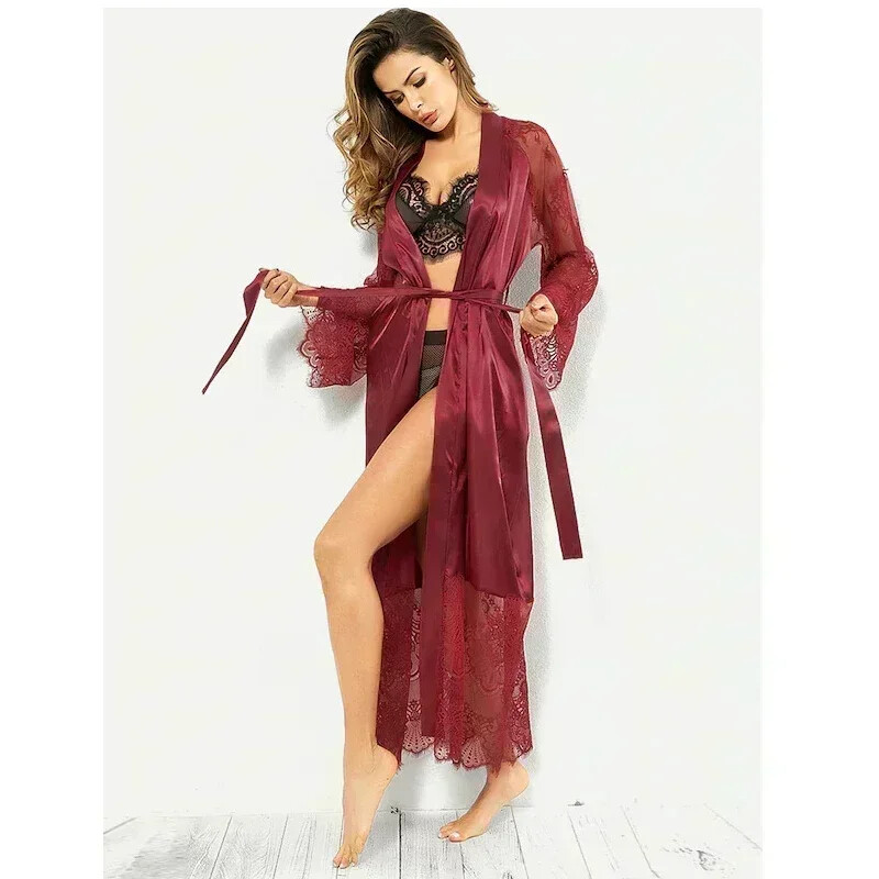 Seksīgs sieviešu apakšveļas komplekts Sieviešu pidžama, jauns, dobu mežģīņu raksts ar garām piedurknēm, garas sieviešu halāts Peldmētelis naktskrekls, sieviešu guļamveļa