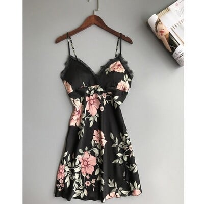 Gėlėta satino šilko naktinė suknelė moteriška Seksuali liemenėlė V formos iškirpte Gecelik Linger nėriniuota mieguista Suknelė marginta naktinukai Moteriški Seksualūs naktiniai marškinėliai