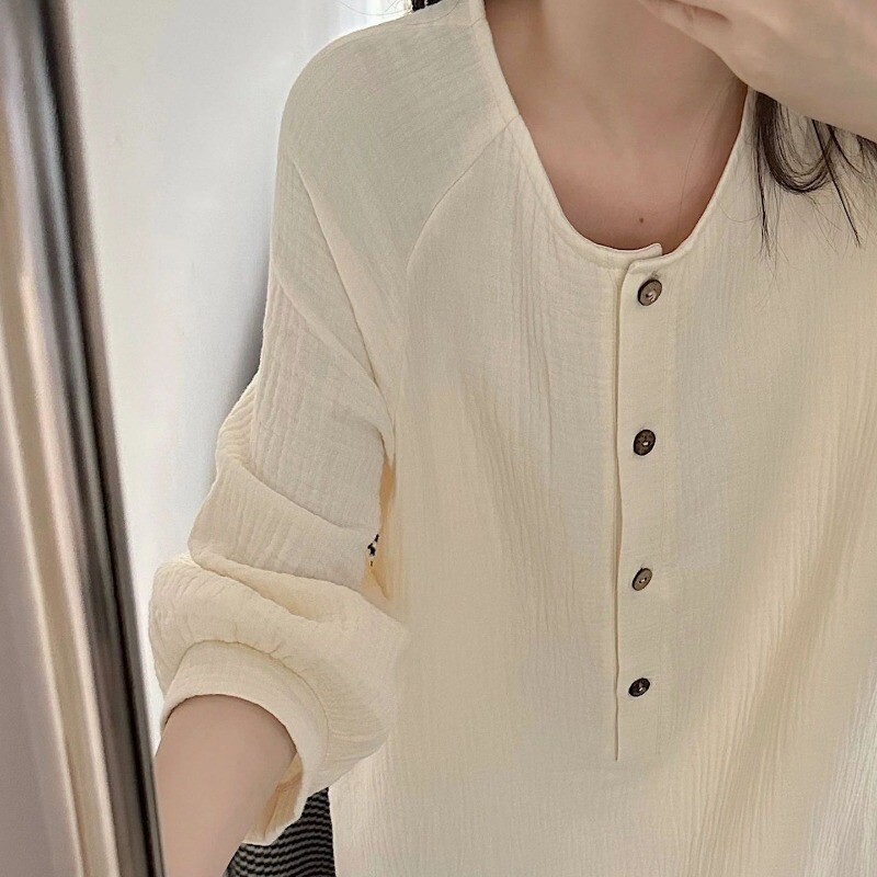 Korejiešu sieviešu naktskrekls ar pogu guļamveļa brīvs naktsveļa Pavasara nakts kleita viengabala pidžama ar O veida kakla izgriezumu mājas apģērbs Jaunums 2025. gadā