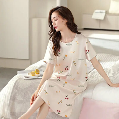 Moteriški naktiniai marškiniai Vasariniai lediniai šilko pižamos trumpomis rankovėmis plono šilko miegui Didelio dydžio laisvi namų drabužiai korėjietiškais raštais naktiniai drabužiai Nauji