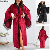 Sieviešu mežģīņu samta peldmētelis elpojošs naktskrekls kimono mājas apģērbs ar piedurknēm nakts garais halāts Sieviešu guļamveļa mājas apģērbs