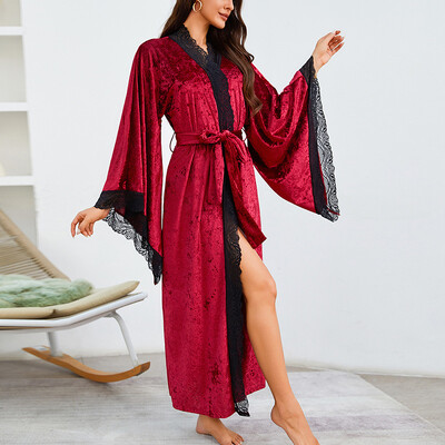 Sieviešu mežģīņu samta peldmētelis elpojošs naktskrekls kimono mājas apģērbs ar piedurknēm nakts garais halāts Sieviešu guļamveļa mājas apģērbs