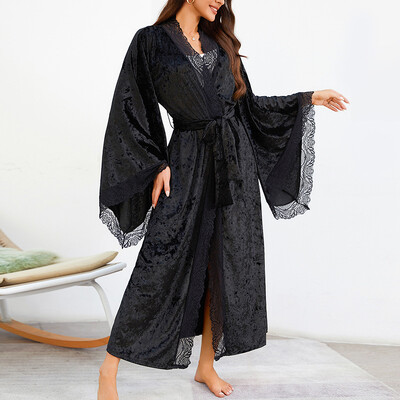 Sieviešu mežģīņu samta peldmētelis elpojošs naktskrekls kimono mājas apģērbs ar piedurknēm nakts garais halāts Sieviešu guļamveļa mājas apģērbs