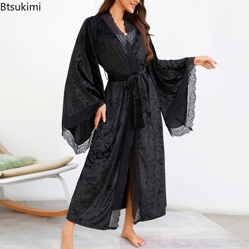 Naiste pitsist sametist hommikumantel hingav öösärk kimono koduriided lainetavad varrukad ööpikk hommikumantel Naiste magamisriided koduriided