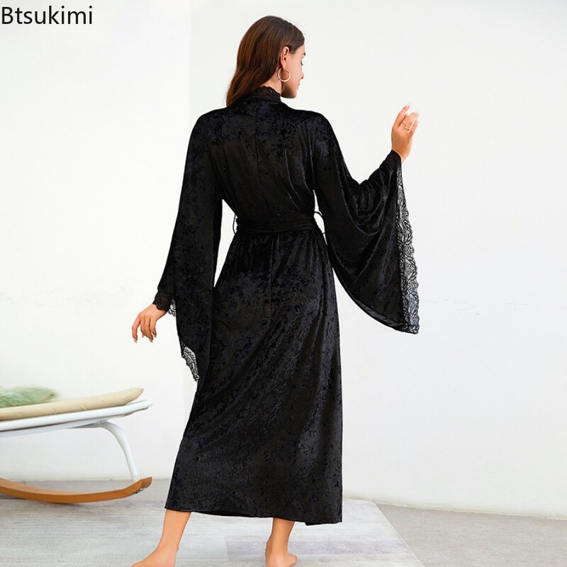 Naiste pitsist sametist hommikumantel hingav öösärk kimono koduriided lainetavad varrukad ööpikk hommikumantel Naiste magamisriided koduriided