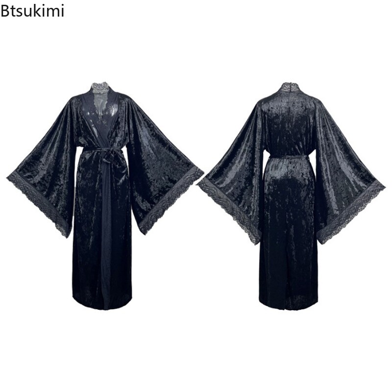 Naiste pitsist sametist hommikumantel hingav öösärk kimono koduriided lainetavad varrukad ööpikk hommikumantel Naiste magamisriided koduriided