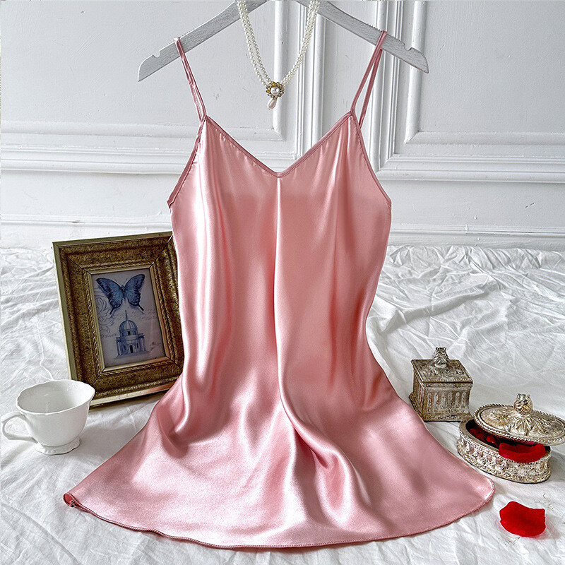 2024. aasta suvine seksikas seljaosa naiste sling, ühevärviline V-kaelusega vedrustusega seelik Shourt hingav Slik naiste öösärk kodukandmiseks