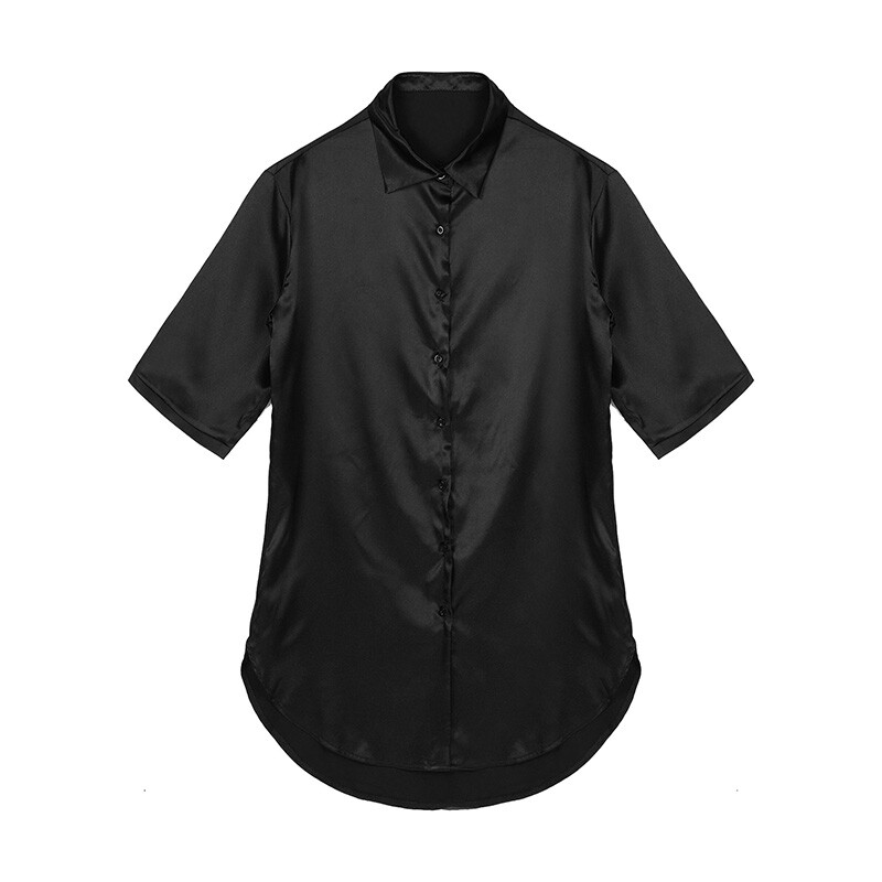 Moteriški minkšti atlasiniai laisvai poilsio marškinėliai miegmaišiai 3/4 ilgomis rankovėmis, vaikino stiliaus, apykaklės mygtukai, marškiniai, naktiniai marškinėliai miegui