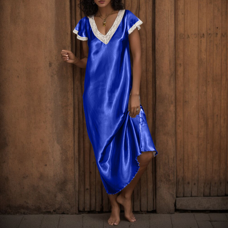 Satiinist pikk kleit elegantsetele naistele lühikeste varrukatega V-kaelusega kleidid Koduriided pidžaamad öösärgid magamisriided Пижамное Платье Kuum müük