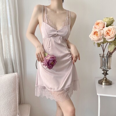 Moteriškas satininis seksualus nėriniuotas miegui skirtas suknelė Vasariniai berankoviai naktinė suknelė V formos iškirpte su liemenėlėmis Naktiniai marškiniai ledinis šilkas Namų drabužiai