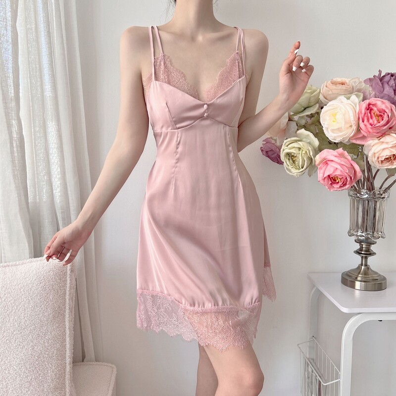 Moteriškas satininis seksualus nėriniuotas miegui skirtas suknelė Vasariniai berankoviai naktinė suknelė V formos iškirpte su liemenėlėmis Naktiniai marškiniai ledinis šilkas Namų drabužiai