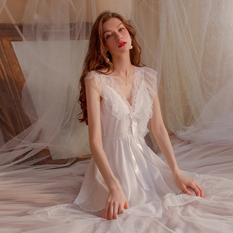 Seksikas naiste libisemiskleit öösärk, läbipaistev pitsiline sügav V madala lõikega õõnsad pidžaamad, satiin vabaaja kodukandmine öösärk Pesu