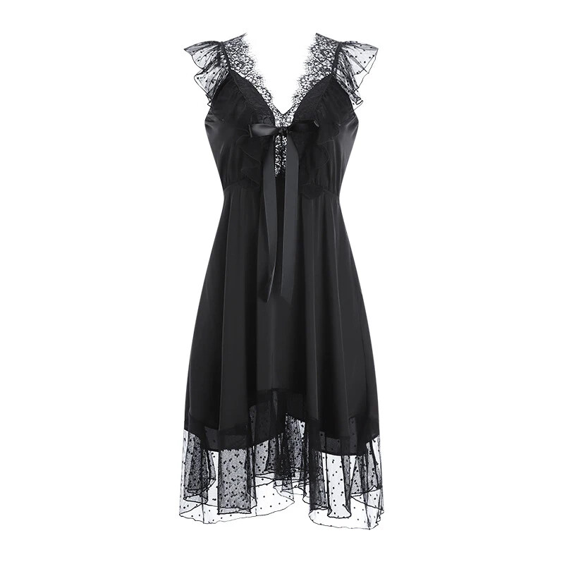 Seksikas naiste libisemiskleit öösärk, läbipaistev pitsiline sügav V madala lõikega õõnsad pidžaamad, satiin vabaaja kodukandmine öösärk Pesu