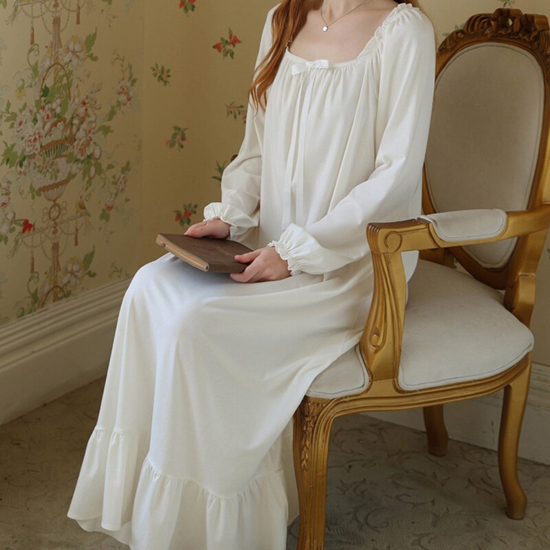 Moteriškas medvilninis rūmai ilgomis rankovėmis laisvi balti naktiniai marškiniai Minkšta pižama miegamasis chalatas plonas seksualus retro prancūziškas naktinis 2024 m. Naujas