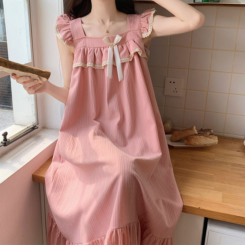 Kawaii Drabužiai Miego drabužiai Moteriški Vasariniai medvilniniai naktiniai marškiniai Suknelės Peteliškė su raukiniais poilsio drabužiais Namų drabužiai Korėjietiškos laisvos pižamos