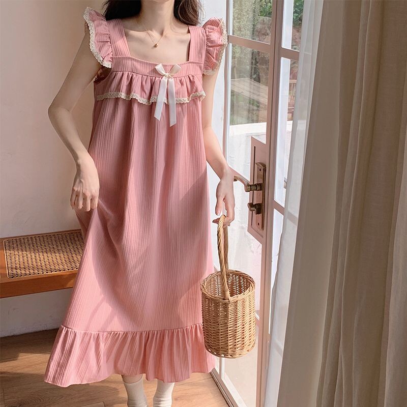 Kawaii Drabužiai Miego drabužiai Moteriški Vasariniai medvilniniai naktiniai marškiniai Suknelės Peteliškė su raukiniais poilsio drabužiais Namų drabužiai Korėjietiškos laisvos pižamos