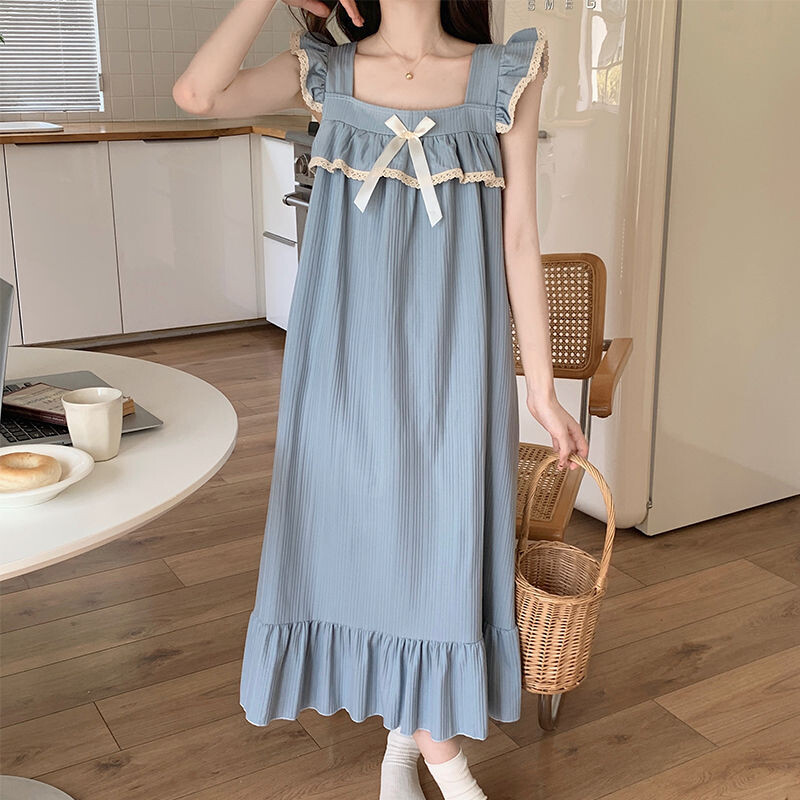 Kawaii Drabužiai Miego drabužiai Moteriški Vasariniai medvilniniai naktiniai marškiniai Suknelės Peteliškė su raukiniais poilsio drabužiais Namų drabužiai Korėjietiškos laisvos pižamos