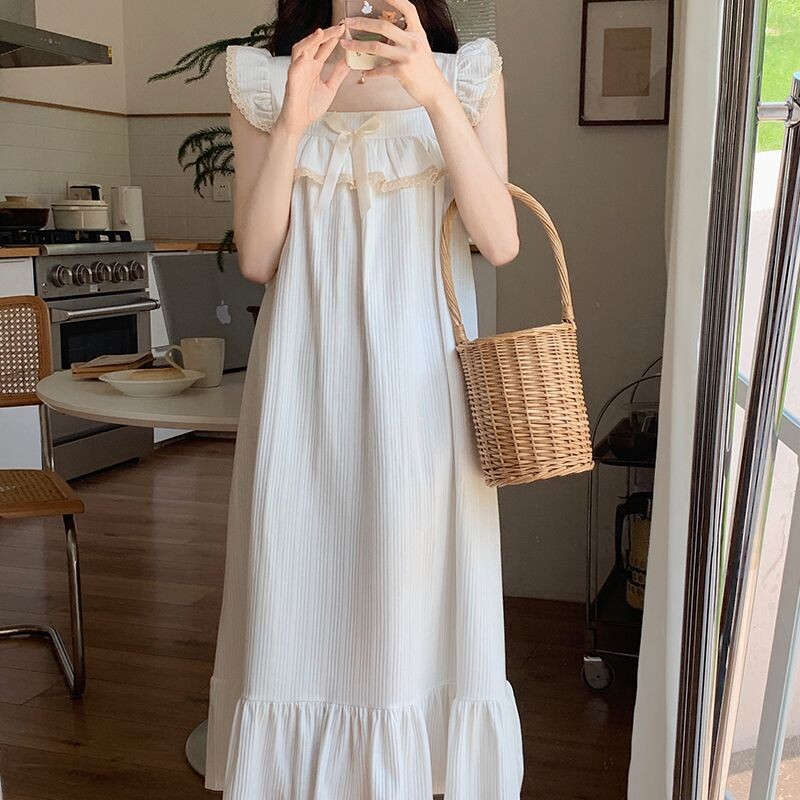 Kawaii Drabužiai Miego drabužiai Moteriški Vasariniai medvilniniai naktiniai marškiniai Suknelės Peteliškė su raukiniais poilsio drabužiais Namų drabužiai Korėjietiškos laisvos pižamos