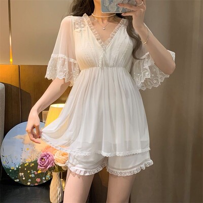 Sweet Sleepwear Moterų vasariniai tinkliniai nėriniuoti naktiniai drabužiai poilsio drabužiai trumpomis rankovėmis Kostiumas Rožinė pižama Prabangūs Japonijos Kawaii Drabužiai Nauji