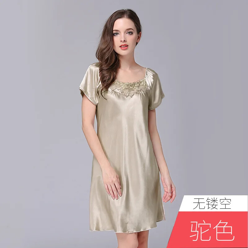 Naktiniai marškiniai Moteriški drabužiai Vasariniai ploni lediniai šilko trumpomis rankovėmis Pradžia Paprasta Minkšta Įperkama Liek Temperamentas Šaunus Puikus Seksualus