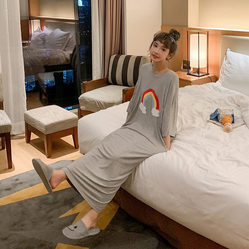 Moteriški naktiniai marškinėliai su oru spausdinti korėjietiško stiliaus Seksualūs naktiniai marškiniai Laisvi, Mieli 2024 m. pavasaris vasara Naujas negabaritinis