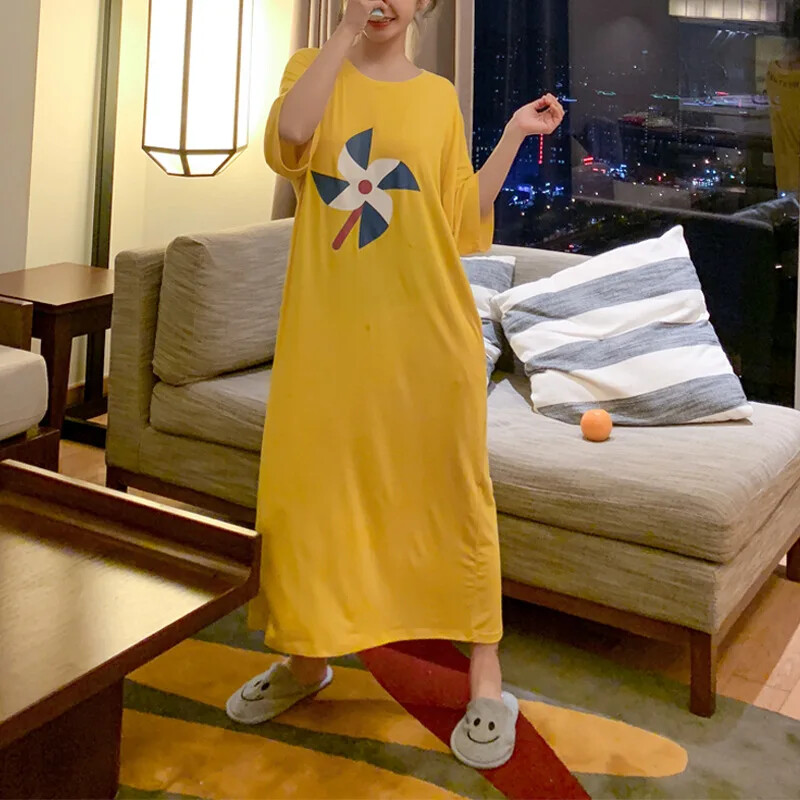 Moteriški naktiniai marškinėliai su oru spausdinti korėjietiško stiliaus Seksualūs naktiniai marškiniai Laisvi, Mieli 2024 m. pavasaris vasara Naujas negabaritinis