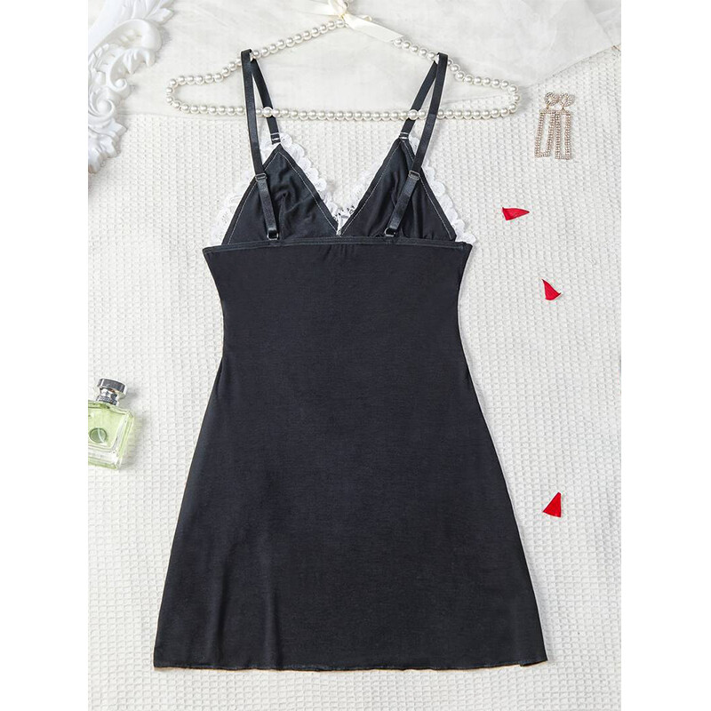 Moteriška seksuali pižama su petnešomis V formos iškirpte, balta nėrinių apdaila, šoniniai skeltuvai, lankas naktiniai marškiniai be rankovių, vasarinė naktinė suknelė