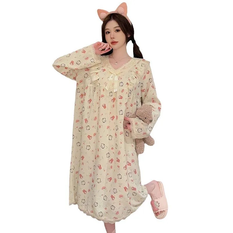 Moteriški rudeniniai ilgomis rankovėmis raukinti medvilniniai naktiniai mielas animacinio filmo dizainas, tinkamas pertekliniam svoriui namų drabužiai