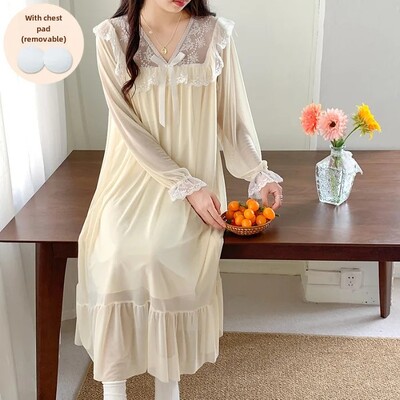 Pavasario rudens moteriški prancūziški nėriniai ilgomis rankovėmis Vintage Court Style Laisvi naktiniai marškinėliai Namų drabužiai Vidutinio ilgio