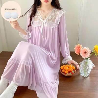 Pavasario rudens moteriški prancūziški nėriniai ilgomis rankovėmis Vintage Court Style Laisvi naktiniai marškinėliai Namų drabužiai Vidutinio ilgio