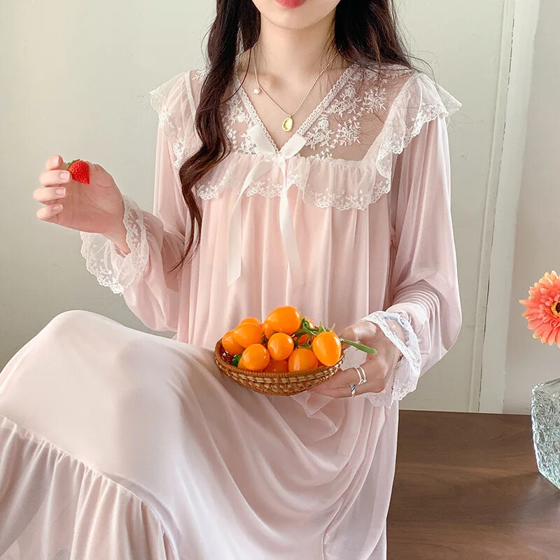 Pavasario rudens moteriški prancūziški nėriniai ilgomis rankovėmis Vintage Court Style Laisvi naktiniai marškinėliai Namų drabužiai Vidutinio ilgio