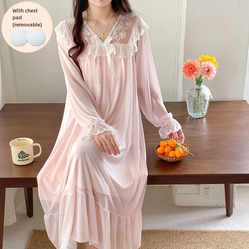 Pavasario rudens moteriški prancūziški nėriniai ilgomis rankovėmis Vintage Court Style Laisvi naktiniai marškinėliai Namų drabužiai Vidutinio ilgio