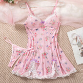 Fairy Sexy Nightwear Sieviešu rozā apdrukas naktskrekls ar V veida kakla izgriezumu nakts kleita ar 2 gab. Bowknot pidžamas kleita, skaista volāni mājas apģērbs