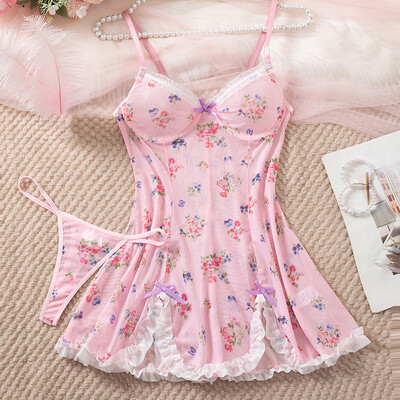 Fairy Sexy Nightwear Sieviešu rozā apdrukas naktskrekls ar V veida kakla izgriezumu nakts kleita ar 2 gab. Bowknot pidžamas kleita, skaista volāni mājas apģērbs