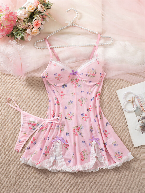 Haldjas seksikas naiste ööriided, roosa mustriga öösärk, V-kaelusega öökleit, 2 tk Bowknot pidžaamakleit, ilus volangidega riietus kodus