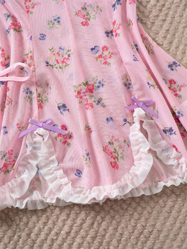 Haldjas seksikas naiste ööriided, roosa mustriga öösärk, V-kaelusega öökleit, 2 tk Bowknot pidžaamakleit, ilus volangidega riietus kodus