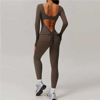 Sexy Back V Jumpsuit Jõusaalikomplekt Naiste pikkade varrukatega joogaülikond Spordirõivad Naiste Spordikombinesoon Fitness Romperid Treeningbodid