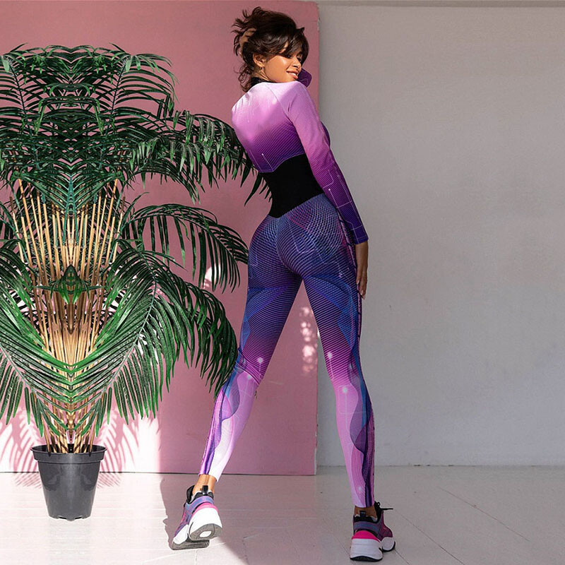 Oshoplive`i naiste mood, värvilised trükitud spordikombinatsioonid 2024, uus kevadsügis, pikkade varrukatega liibuvad joogahüppeülikonnad