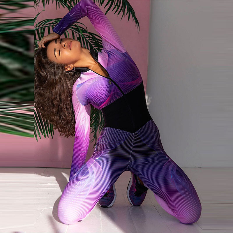 Oshoplive`i naiste mood, värvilised trükitud spordikombinatsioonid 2024, uus kevadsügis, pikkade varrukatega liibuvad joogahüppeülikonnad