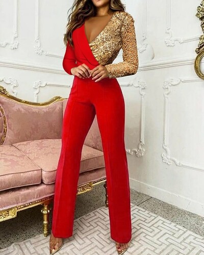 Moteriškas „Colorblock“ blizgučių kombinezonas ilgomis rankovėmis